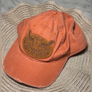 Western Longhorn Skull Patch Distressed Baseball Cap Rust Orange 23 inch max